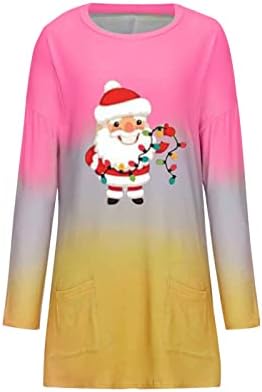 Маички за жени со џебна обична Дедо Мраз, графички тунични врвови, блок во боја, долги ракави градиентни манчиња фустан за жени
