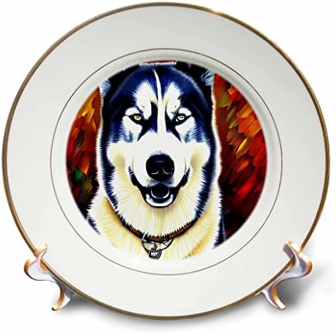 3drose Стилски сибирски портрет на кучиња Хаски. Темно црвена позадина Дигитална уметност - плочи