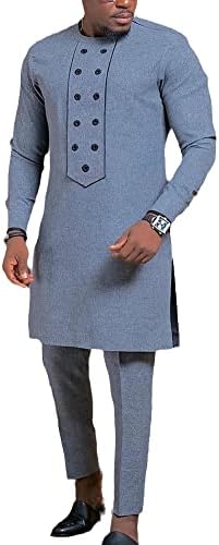 Pant поставува копче со долги ракави на вратот и панталони со панталони со 2 парчиња сет африкански машки етнички стил