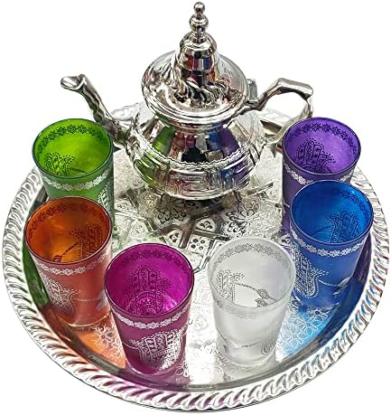 HORUS ARTESANía de Egipto Традиционалниот марокански чај сет комплетен за дневна употреба чајник 350мл лента 28 см со 6 очила