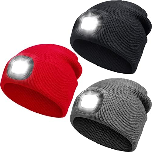 3 парчиња LED Beanies со светлина за деца USB -приклучени плетени капачиња зимски топло плетени фенерчиња капи на отворено спортски