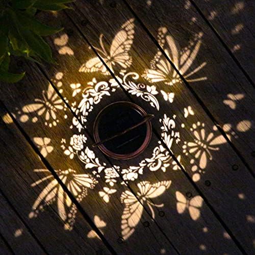Соларни фенери на отворено виси декор за пеперутка, фенер, водоотпорен шуплив ретро метал декоративна градинарска светлина, благодатна