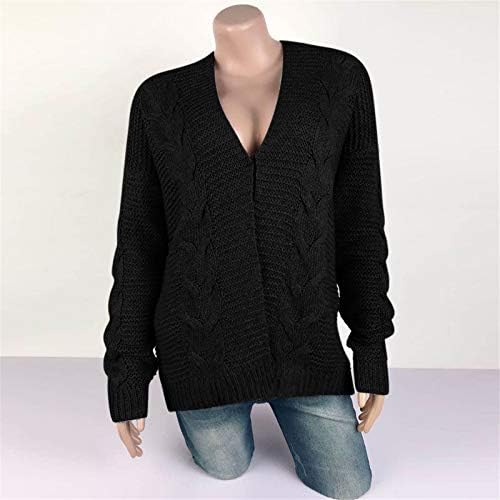Womenенски кабел со долг ракав плетен џемпер отворено предно кардиганско копче лабава надворешна облека