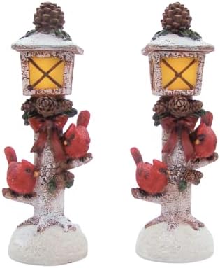 Осветлена ламба пост фигура со кардинали и пинони, сет од 2, хонорарен сезонски декор, зимска декорација, 9,75 инчи