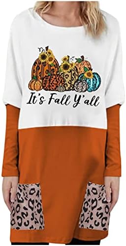 Есен е врв на туника за жени, смешна тиква буква, печати маички во боја на леопард крпеница џебна кошула блуза
