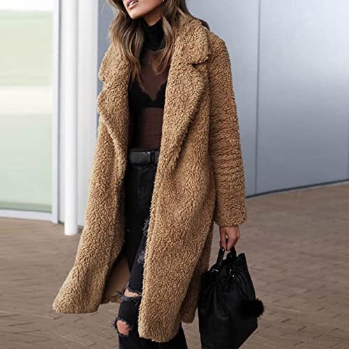 Женски долги јакни со стрижење Теди руно ров палта со долги ракави лапел отворена предна јакна цврсто топло зимско палто