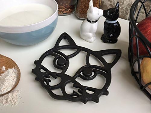Cat Trivet - црно леано железо за топли јадења и садови на кујна и трпезариска маса | Метална мачка лице со тринини со нозе Заштита на countertops