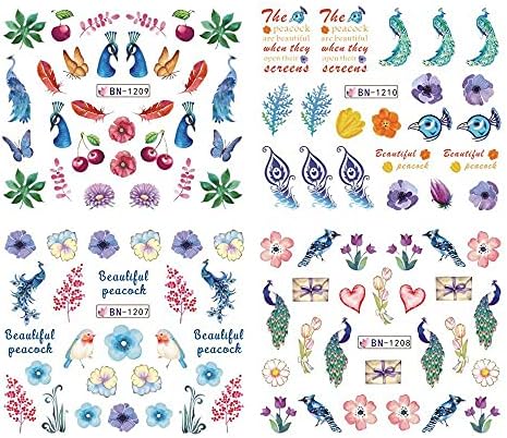 1 лист/12 стилови на налепници за уметност за нокти уметнички паун со цветни лисја на налепници за трансфер на вода