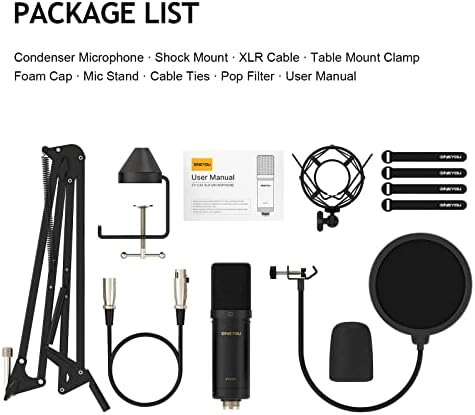 Микрофон на кондензатор Zingyou XLR, кардиоидно студио за снимање микрофон со бум рака, монтирање на шок, поп филтер, ветробран и кабелски