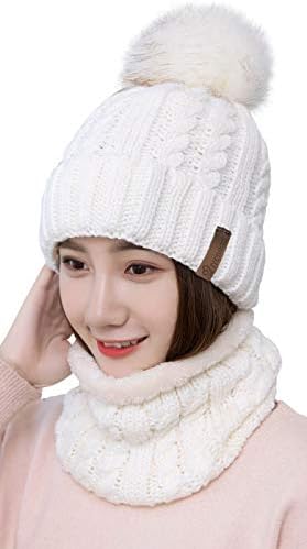 Iyebrao жени зимска плетена капа и шамија сет девојки симпатична слабо густо руно наредена скијачка капа за топло череп капа со пом