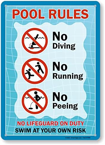 SmartSign 14 x 10 инчи „Правила на базен - без нуркање, без пиење, без животна мета на должност“ Метал знак, отпечатен екран, 40 мил.