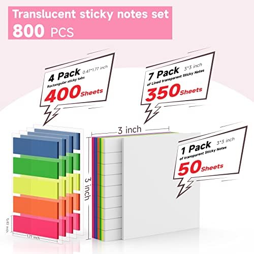 Daupin 800 листови поставени лепливи белешки, 8 пакувања транспарентни лепливи белешки 3 × 3 инчи, 4 табели за прибележување на влошки