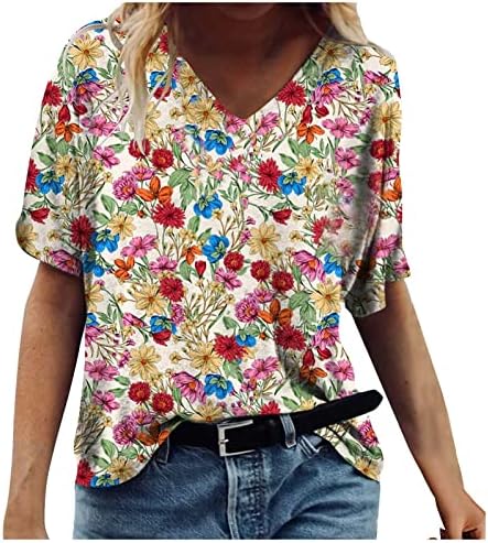 Женски врвови облечени обични летни маички за летни маички кратки ракави против вратот лабава модна блуза боемска шема туника врв