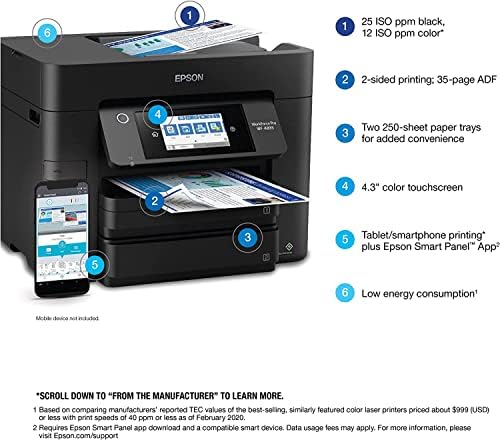 Epson Workforce Pro WF-4833 Безжичен се-во-еден во боја на инк-џет печатач, црна-печатена копија за копирање на печатење-4,3 LCD, 25 ppm,