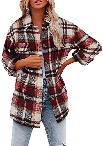 Јакни со кошули за жени, женски карирани кошула палто обичен плус големина волна мешавина од блуза удобна обична јакна за шахти