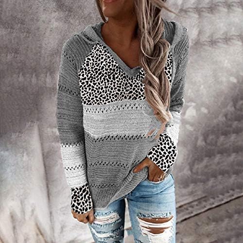 Women'sенски кабел плетен џемпер леопард крпеница V-врат со долги ракави со качулка џемпер на врвови џемпери