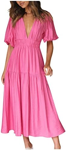 Fragarn Night Out Фустани за жени, женски обичен фустан со цврста боја со дрвени уши, спојувајќи кратки ракави, патувачки фустан