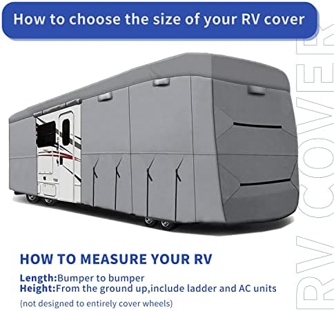 Campfic RV Cover WindProof Надграден екстра густ 4 слоја врвни RV Cover Cover Class A 33 ''-37 '' со 4 капаци на гуми-анти-UV