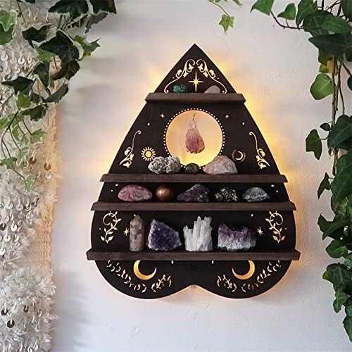 Дрвена полумесечина Месечина полица, wallиден декор, wallид монтиран кристален дисплеј решетка, готски вештерки Месечината кристал дрвена