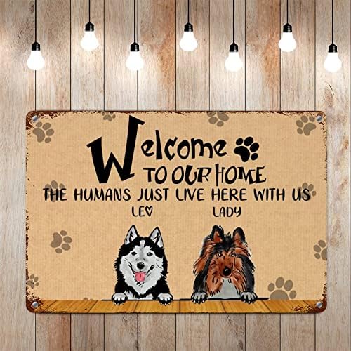 Алиојоит Смешни Куче Метал Калај Знак Плакета Сопствени Кучиња Име Добредојдовте Во Нашиот Дом Луѓето Тука Со Нас Антички Куче Шепа Отпечатоци
