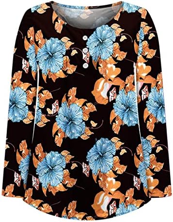 Женски врвови фустани случајни кошули со скриени стомаци паѓаат 2022 година цветни печати со долг ракав Хенли блузи за носење
