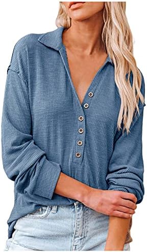 Rmxei женски v-врат со долги ракави пулвер лапел џемпер копчиња за џемпери блуза
