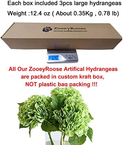 ZooeyRoose 3 парчиња длабоки зелени реални допири хидрангеа вештачки цвеќиња 21 LifeLike Large Hydrangea зелен цвет за свадбена