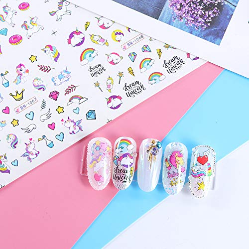 Налепници за уметност со еднорог за нокти за девојки 12 чаршафи слатки нокти за убавина за убавина Декларации Унирози starsвезди месечини
