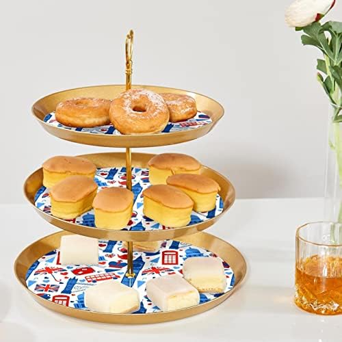 3 Ниво Торта Штанд, Британски Лондон Икона Десерт Дисплеј Кула, Пластични Круг Кекс Држач Служат Послужавник За Свадба Роденден Чај