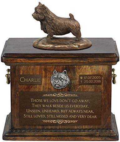 Норвич Териер, Меморијал за урна за кучиња со статуа, име и цитат на миленичиња - Артдог персонализиран