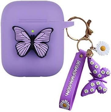 Компатибилен со airpods Butterfly Case, Shockproof Silicone 3D пеперутка AirPods 2 & 1 Cover Cover Cockechain Women Girls Girls Girds