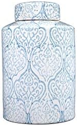 Креативна ко-оп декоративна керамичка ѓумбир тегла со капак, сина и бела боја