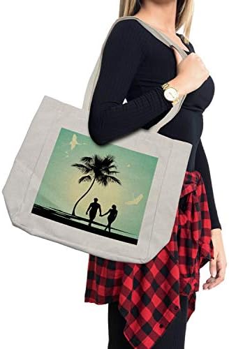 Романтична торба за шопинг во Амбесон, брачна двојка што шета на плажа со тропска фауна и флора, еколошка торба за еднократно за намирници и