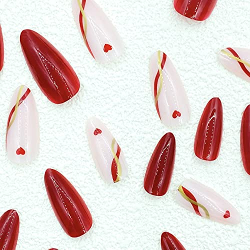 Diduikalor 24 парчиња црвен печат на ноктите бадем кратко срце шема лажни нокти повторно користете со лепак лажни нокти Француски акрилен