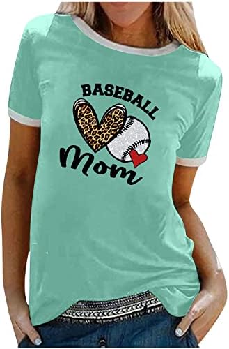 Women'sенски врвови симпатична срцева графичка кошула за одмор трендовски бејзбол мама маички кратки ракави екипаж на вратот на вратот обични