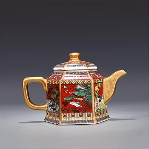 WYFDP емајл златен чајник со рачки шестоаголни чајници со цвеќиња и птици шема антички порцелан