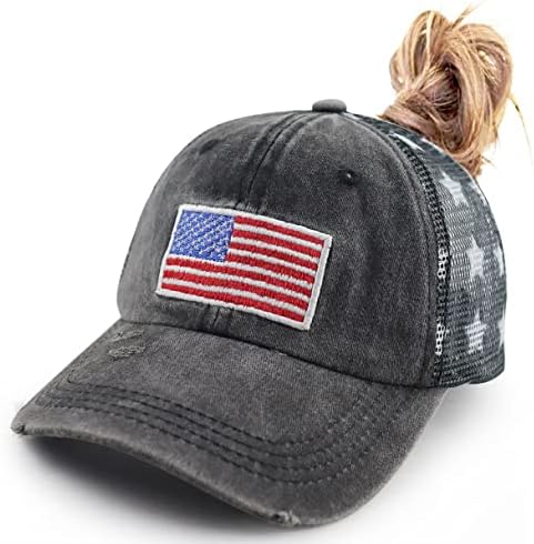 Vxchkerm USA American Flag Trucker Hat за жени, смешно прилагодливо измиено везено потресено потресено капаче за бејзбол капа