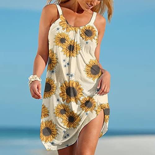 lcziwo Обични фустани на плажа за жени без ракави сончоглед мини фустан лето лабава удобна шарена бохо сандерс