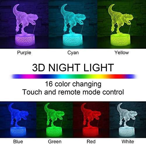 I-Chony Dinosaur Toys Night Light For Kids, Dinosaur 3D илузија ламба украси за спални украси за кревети, со далечински и паметен