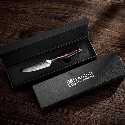 Паудин Дамаск нож за паринг, 3,5 инчи јапонски 67-слоеви Дамаск Висока јаглерод не'рѓосувачки челик, професионален нож за паркирање,