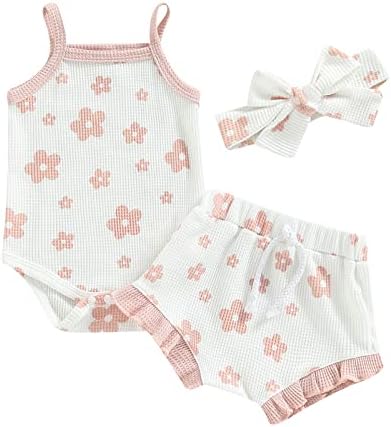 Облека за девојчиња од новороденче Мандизи лето цветно печатење плетено ромпер -руф, цветач со шорцеви од 3 парчиња облека од 3 парчиња облека