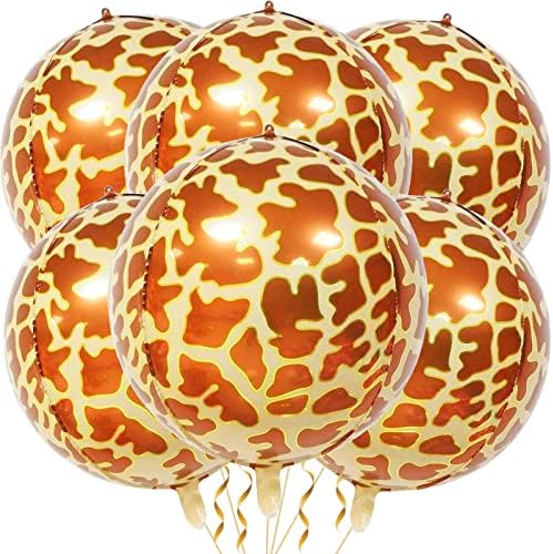 6 Пакет Гигант 22 Инчен 4Д Животински Жирафа Шема Сфера Балони Фолија Хелиум Џунгла Сафари Жирафа Животни Метални Балони Диви Животни Печати Балони