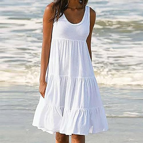 Fragarn Letterенски летен без ракав, солиден врат, цврста боја, спојувајќи го големиот фустан на плажа