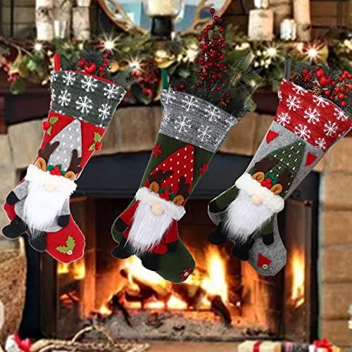 3 парчиња Божиќни чорапи, 19 инчи големи 3Д божиќни чорапи торба за подароци, Гноми Дедо Мраз за Божиќни чорапи Камино виси чорапи за украси