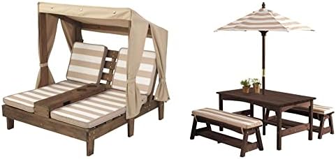 Kidkraft дрвена двојна чај салон и дрвена маса и клупа на отворено со перничиња и чадор, детски мебел во задниот двор, еспресо со овесна