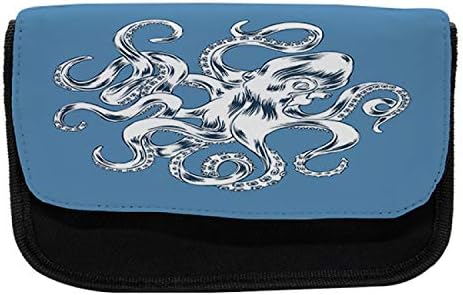 Необичен случај со молив Кракен, гроздобер октопод карактер, торба за молив со ткаенини со двоен патент, 8,5 x 5,5, морско сино и бело