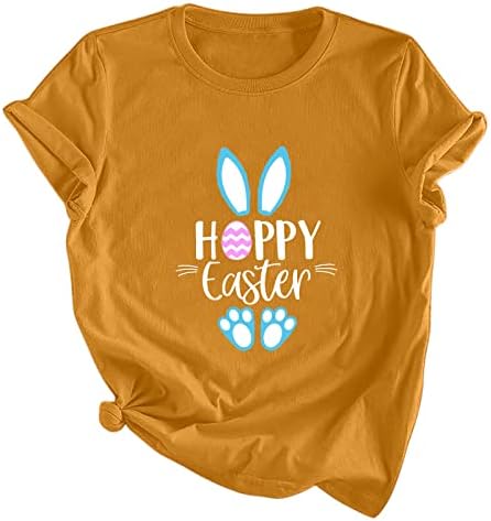Womenените среќни велигденски маица зајаче зајаче графички мета смешно писмо печатено кошули со кратки ракави врвни врвни