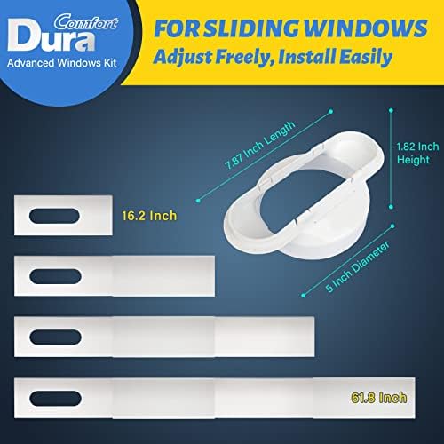 Duracfation Преносен комплет за прозорецот за климатик, комплет за лизгање на отворот со спојка за универзално црево за издувни гасови со дијаметар од 5 инчи, до 61,8 инчи