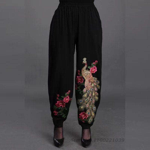 Традиционални кинески етнички национални везови со цвеќиња, лабави панталони Ориентални памучни панталони во боја 1 м