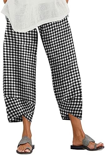 Mtsdjskf исечени панталони жени, широко нозе со еластично-половински салон ленени капри панталони со џебови женски панталони